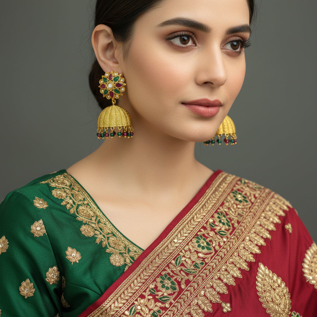 Gold jhumka earrings with colorful gemstones on a gray stand.