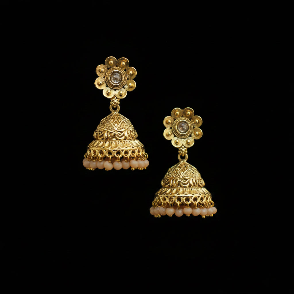 Gold earrings with floral designs on a dark gray stand