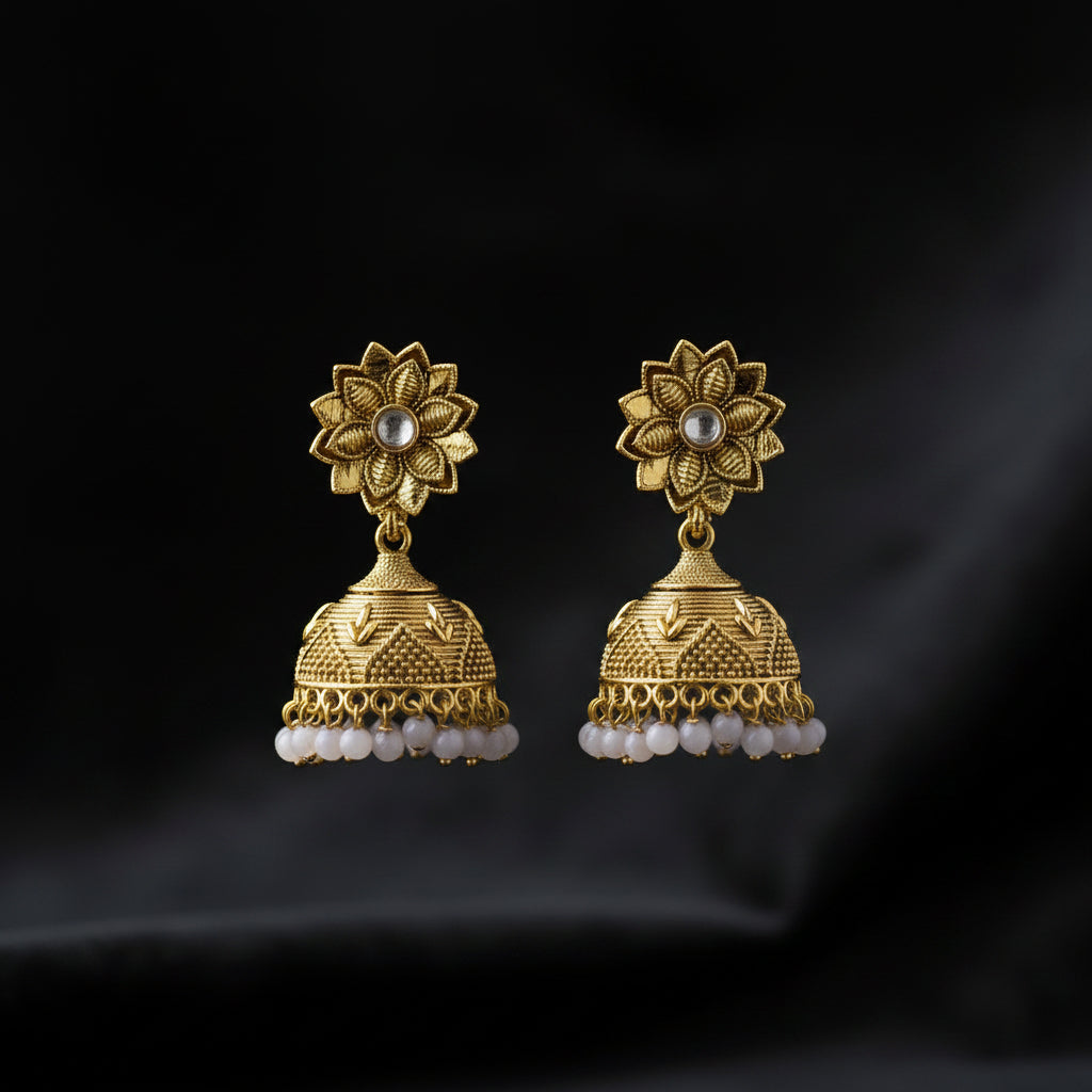 Gold floral earrings on a black earring stand with an HP logo in the background