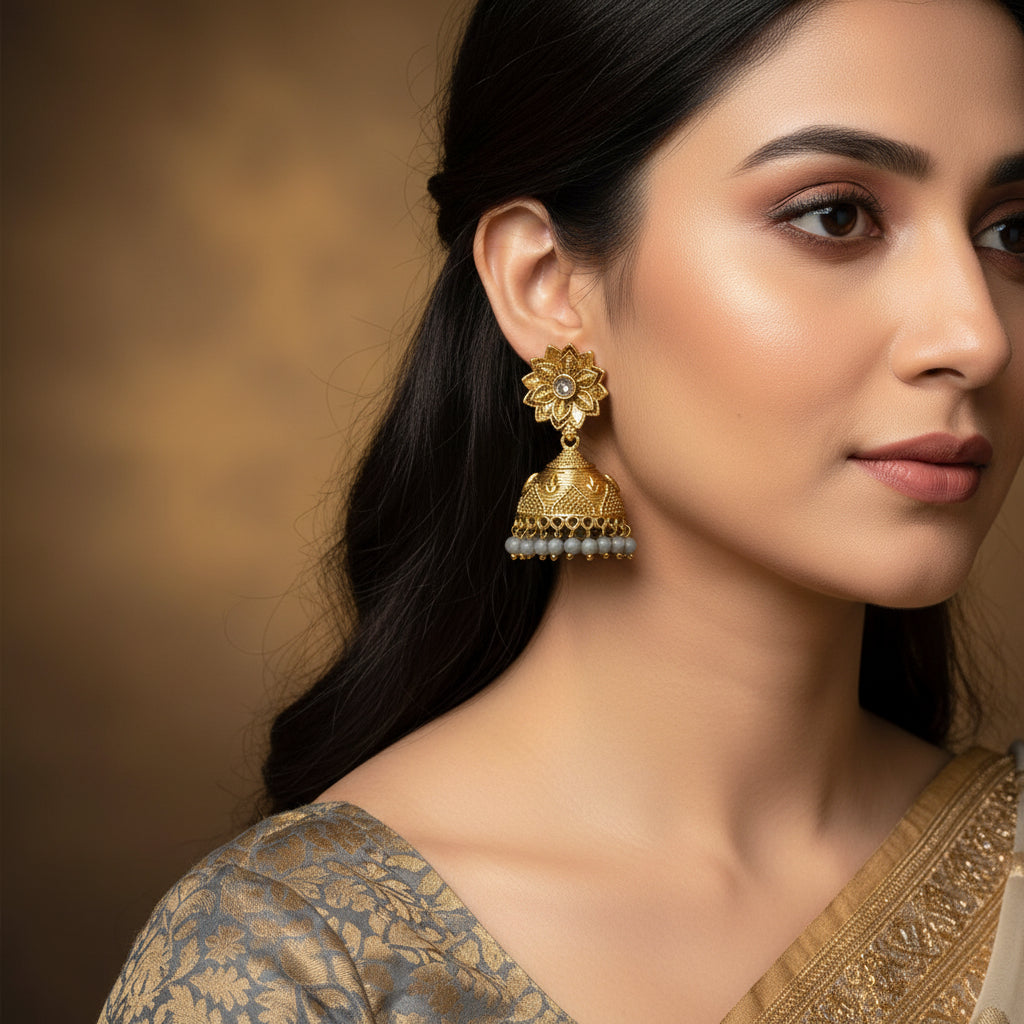 Gold floral earrings on a black stand with a dark background