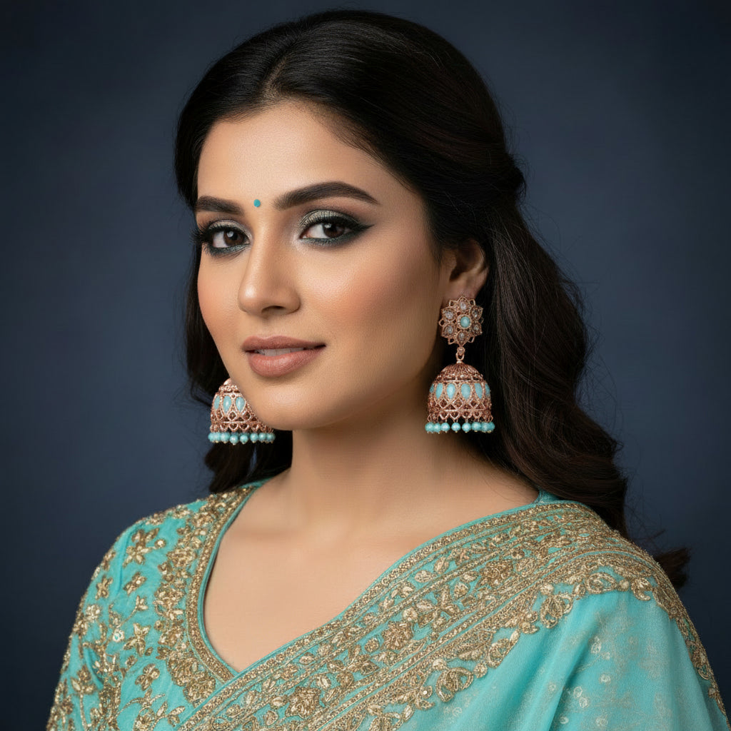 Gold and turquoise earrings on a black stand with a black background
