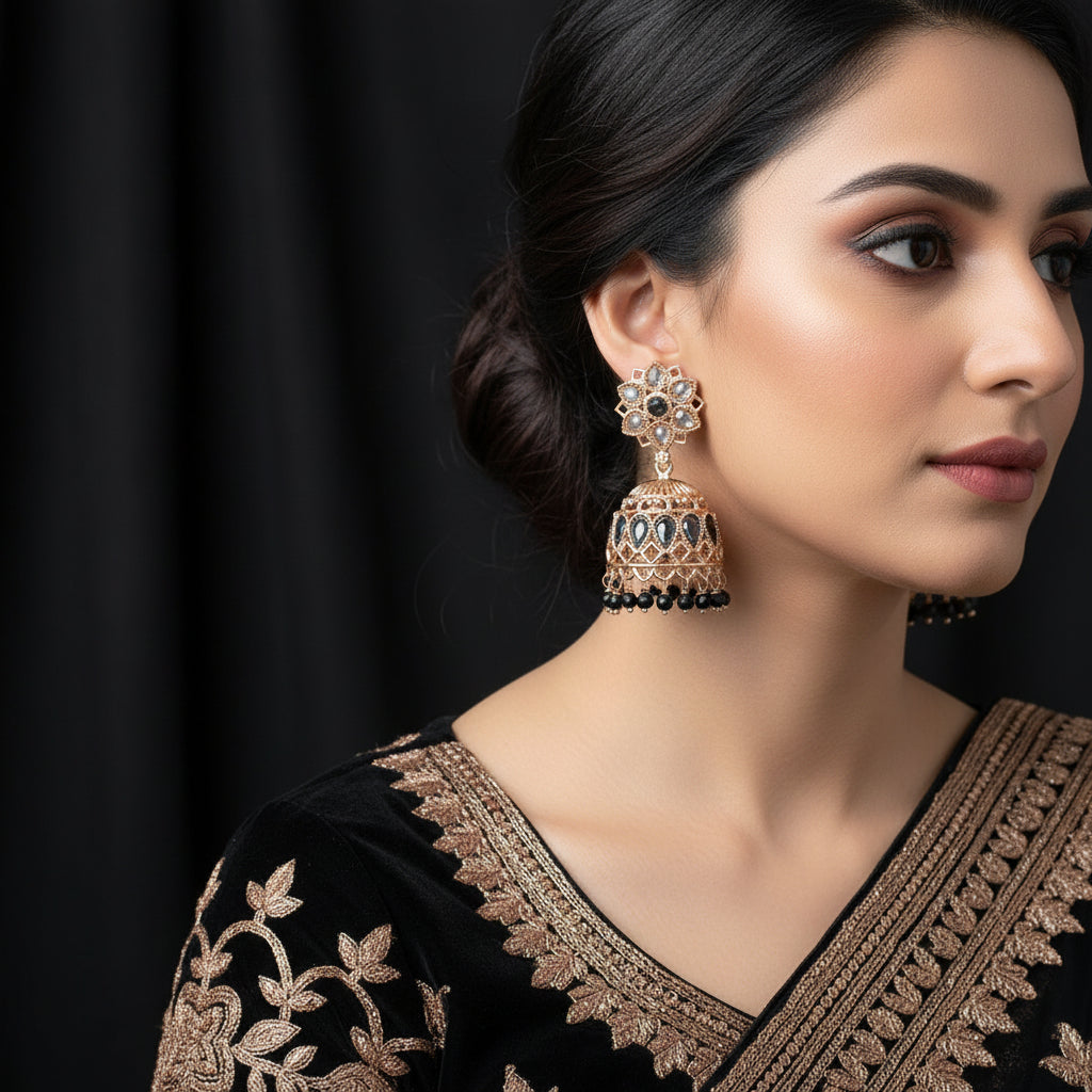 Pair of gold and black earrings on a gray stand against a black background