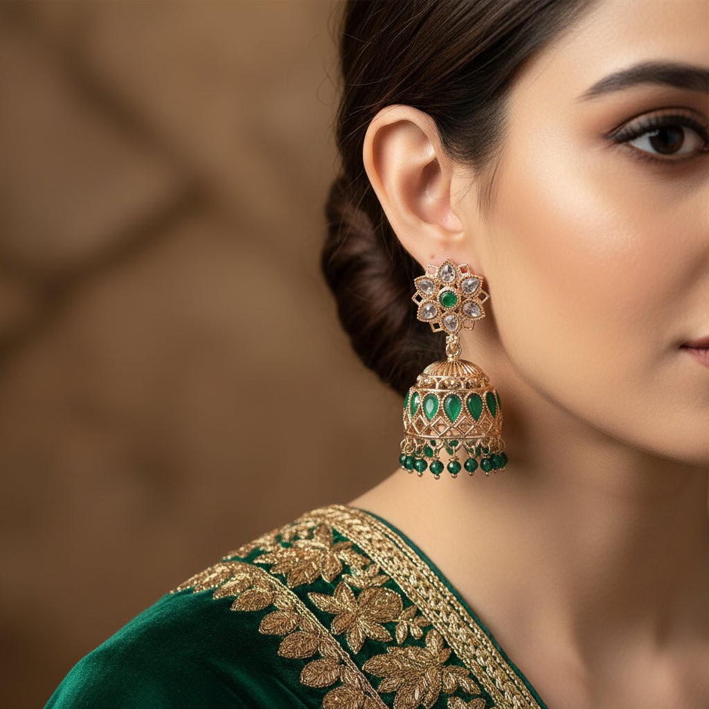 Gold and green jhumka earrings on a gray stand against a black background
