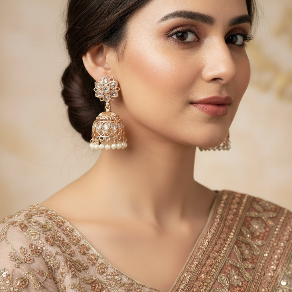 Ornate earrings with floral top and bell-shaped bottom on a black background