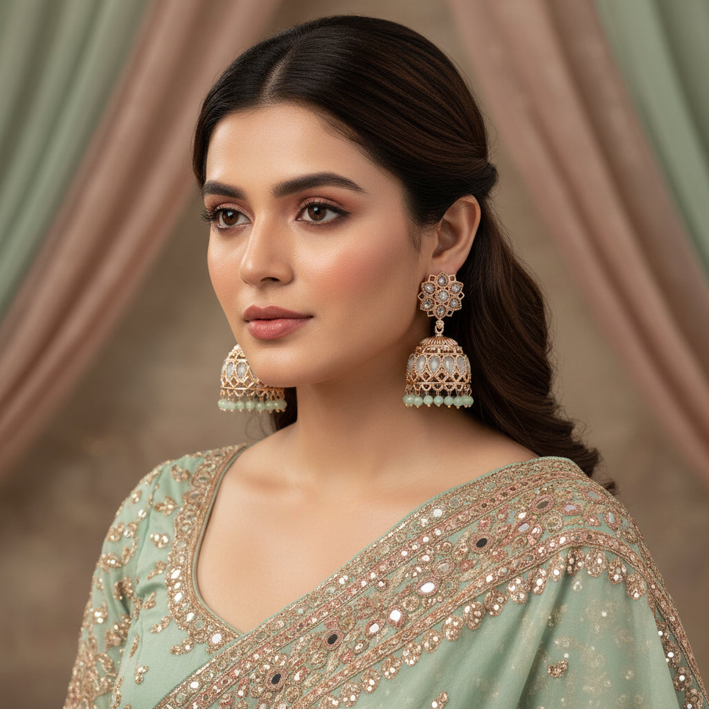Pair of ornate earrings on a dark background