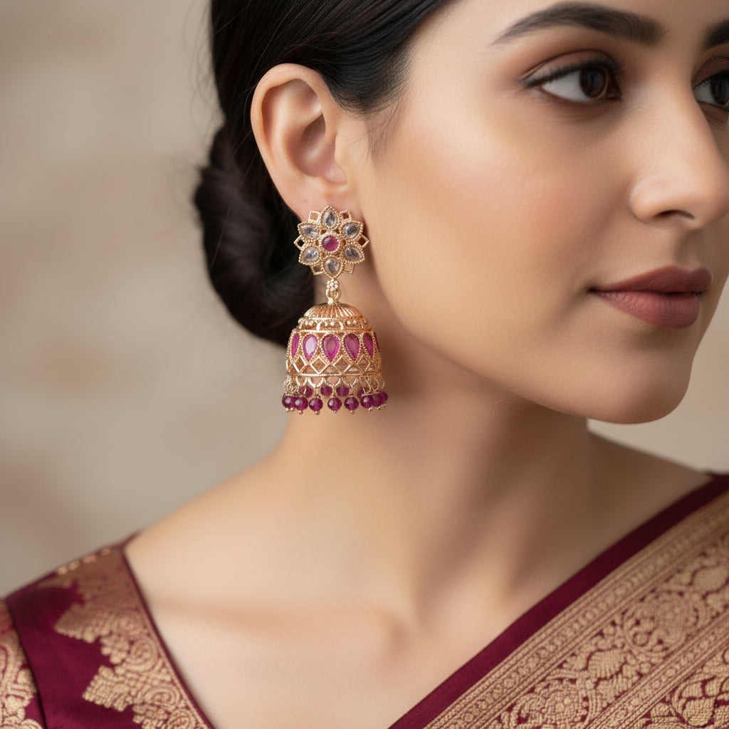 Pair of ornate earrings with floral designs and gemstones on a dark background