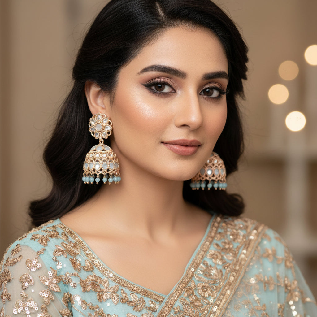 Pair of ornate earrings with blue stones on a black background