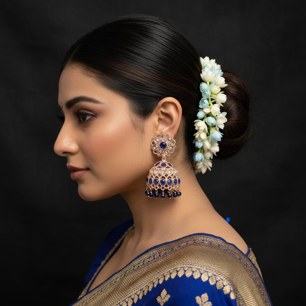 Pair of ornate earrings with blue and clear gemstones on a dark background