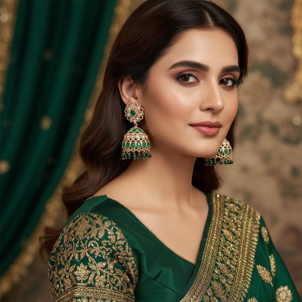 Pair of green and gold earrings on a dark background