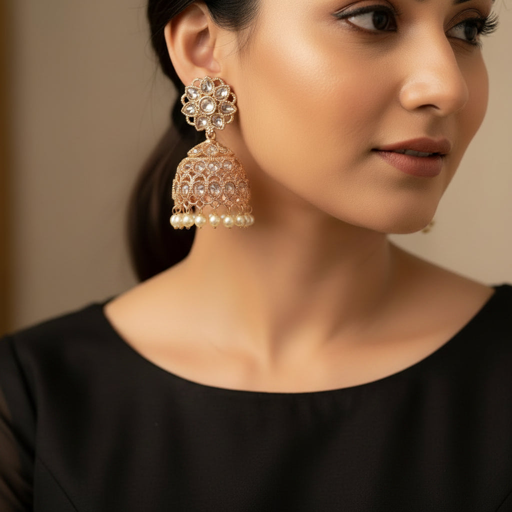 Ornate earrings with floral top and jhumka bottom design on a black stand.