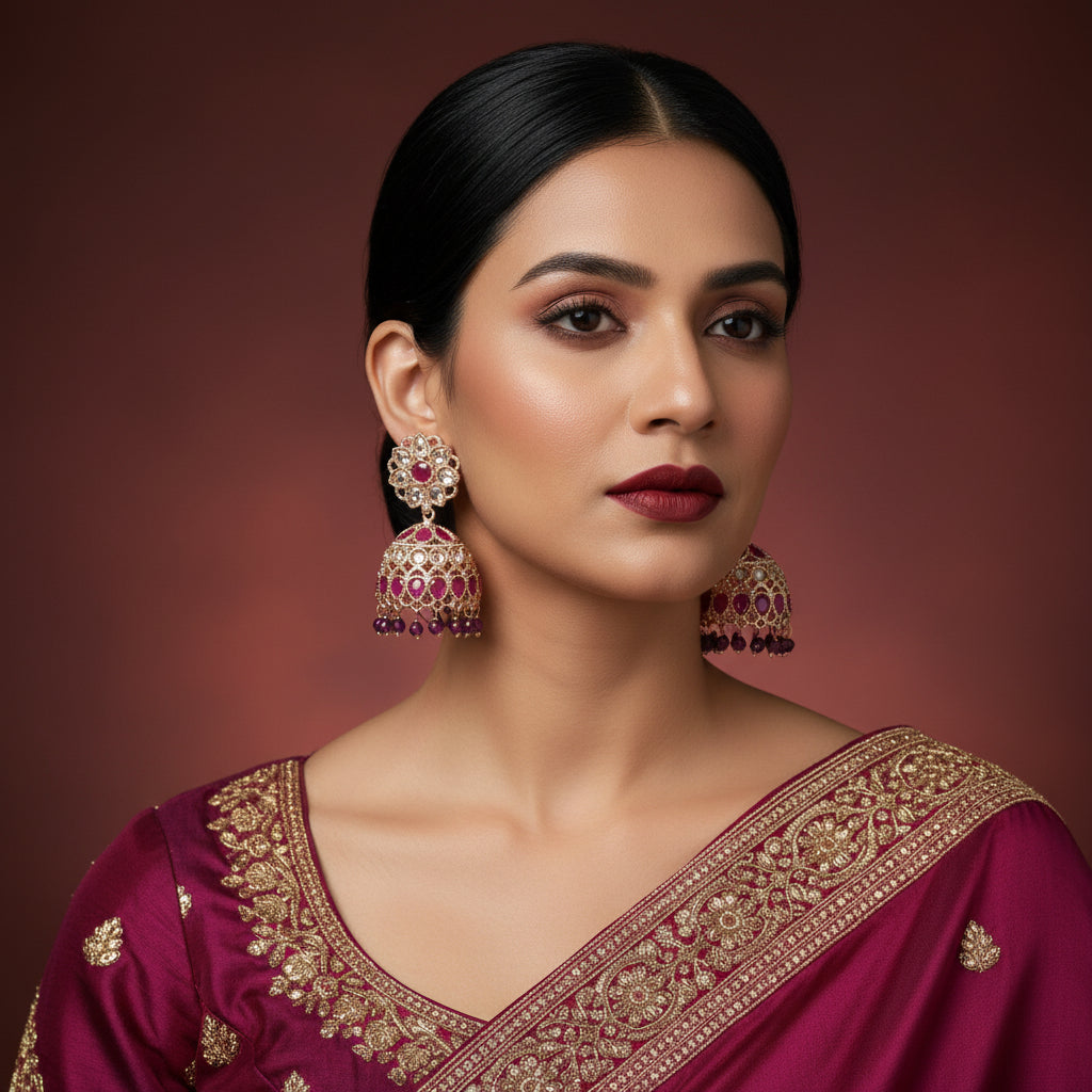 Ornate earrings with pink gemstones on a dark background