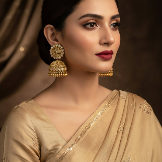 Gold earrings with intricate designs on a dark background