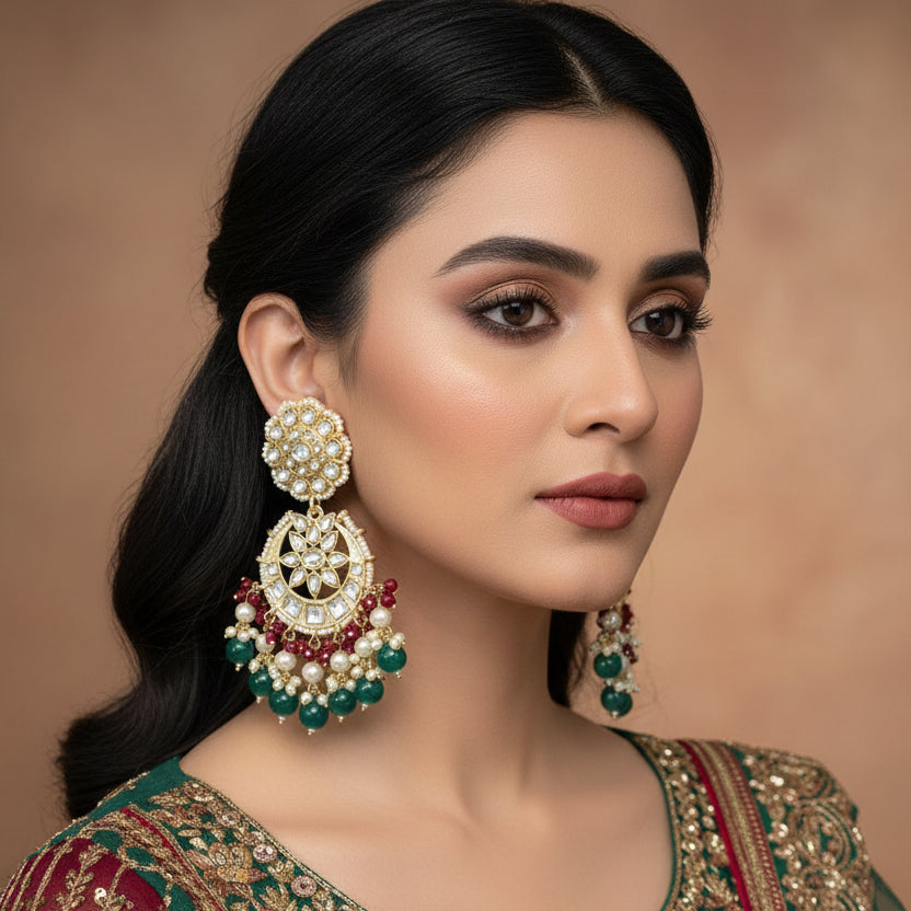 Ornate earrings with gold, red, and green beads on a dark background, featuring the brand 'SAHELI'.