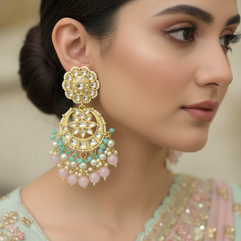Pair of gold and gemstone earrings on a dark background