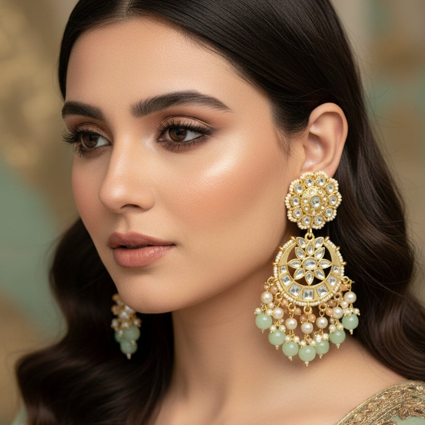Gold and green earrings with 'SAHELII' branding on a dark background