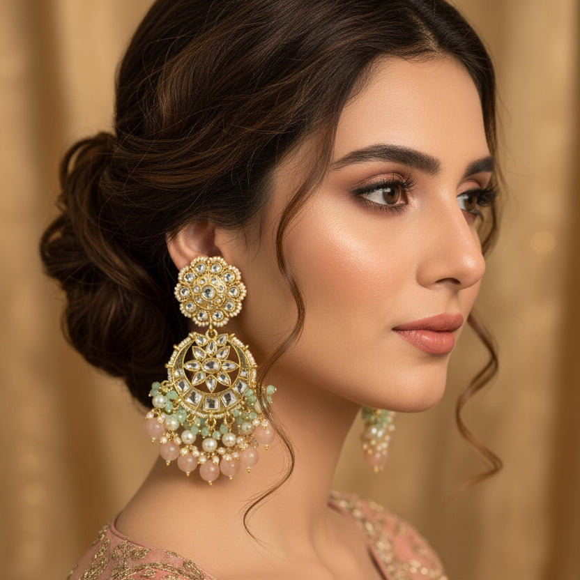 Pair of gold and green earrings with 'Saheli' branding on a dark background