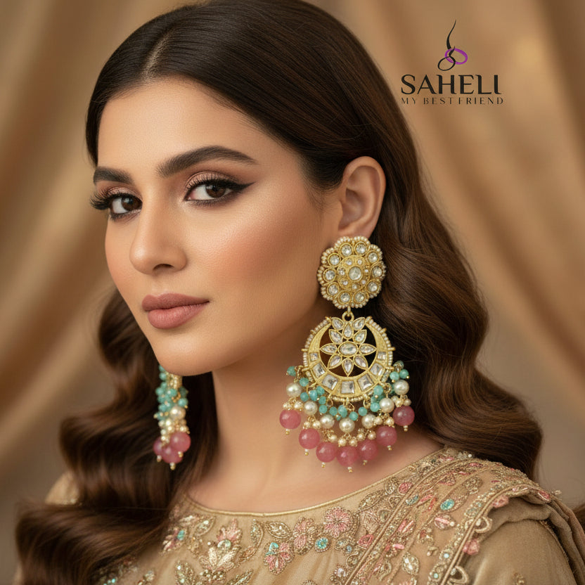 Ornate earrings with gold, pink, and green beads on a dark background, branded 'SAHELI'.