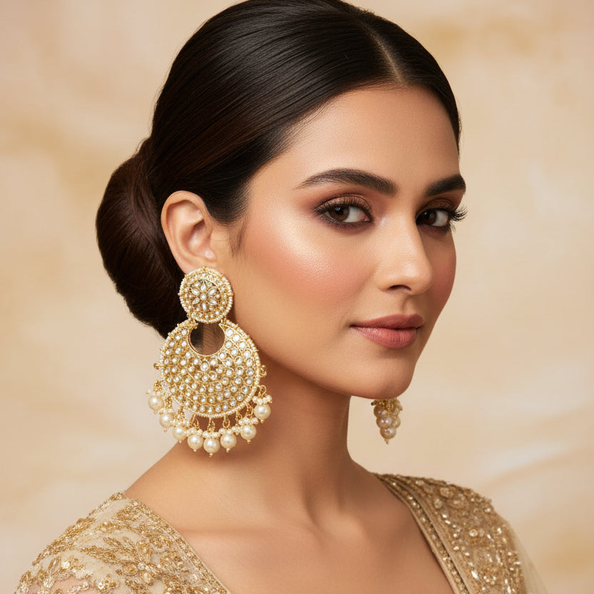 Pair of gold and pearl earrings on a black background