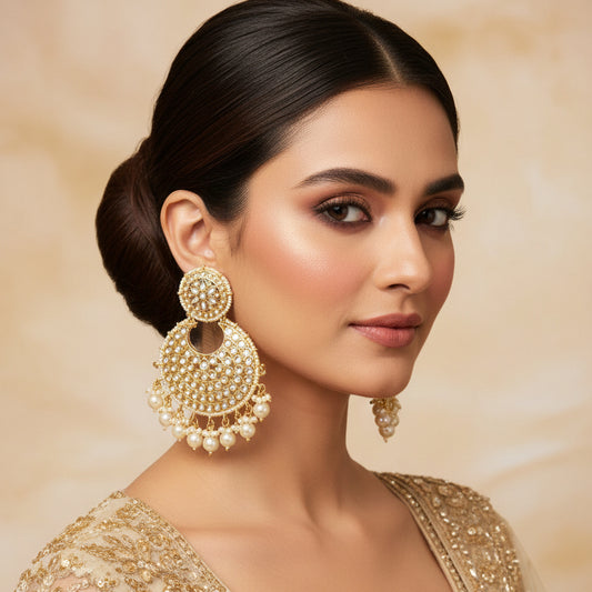 Pair of gold and pearl earrings on a black background