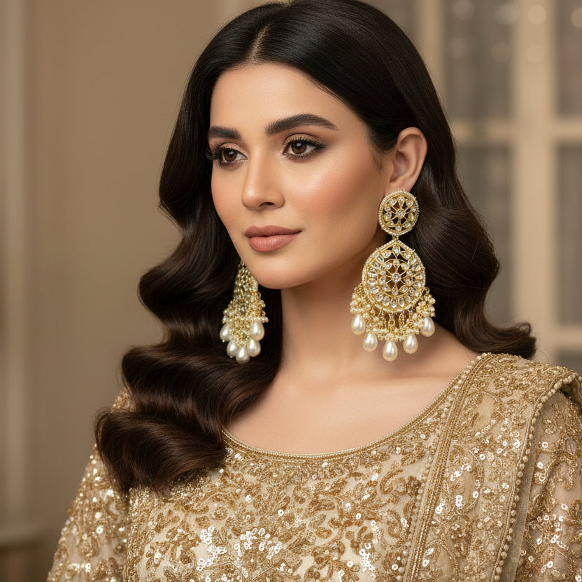 Pair of gold and pearl earrings on a dark background