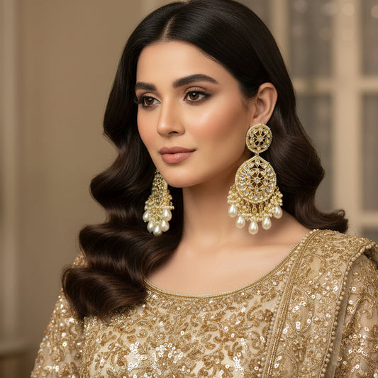 Pair of gold and pearl earrings on a dark background