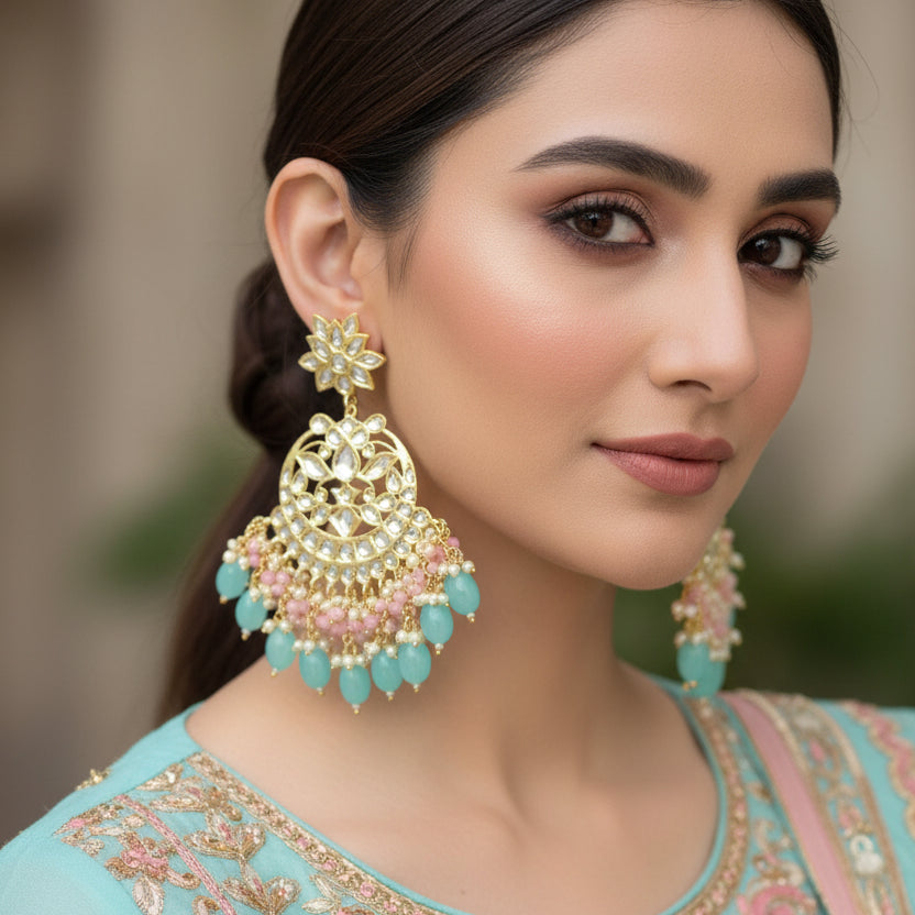 Pair of ornate earrings with turquoise and pink stones on a black background