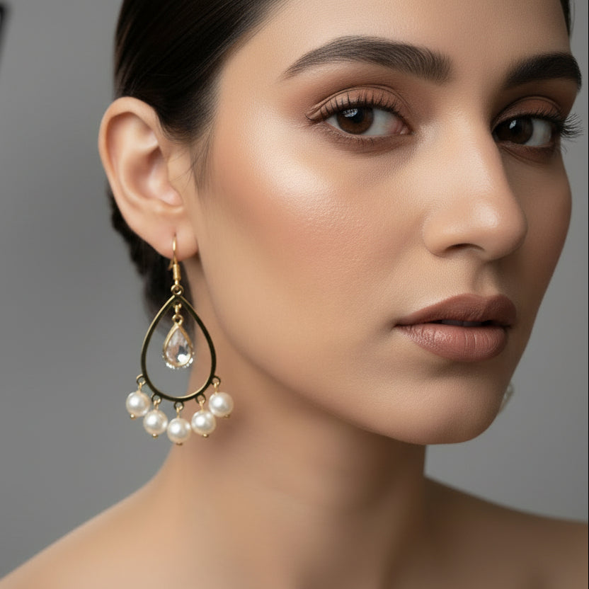 Gold earrings with pearl-like beads on a dark background