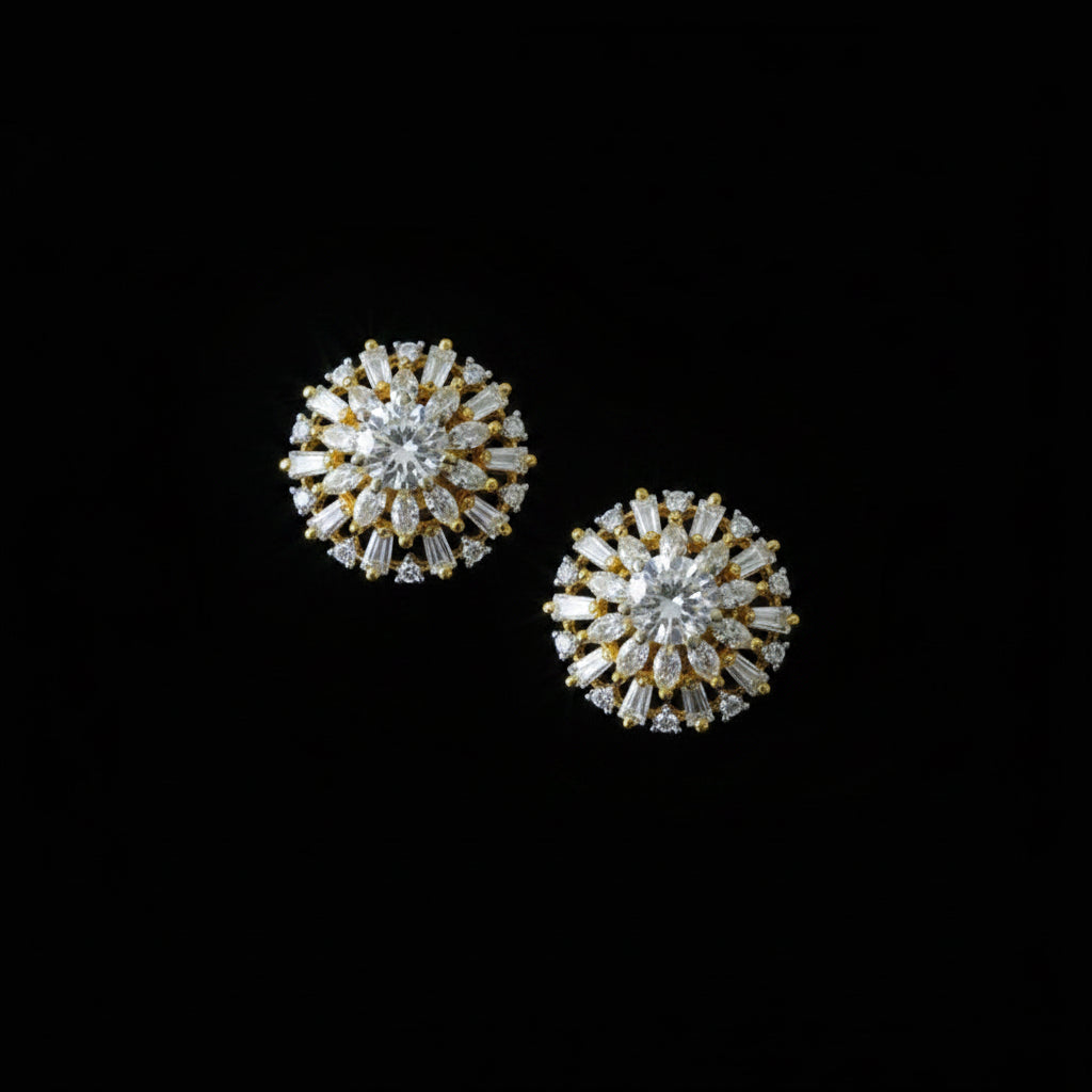 Pair of gold and diamond earrings on a dark background with 'Saheli' branding.