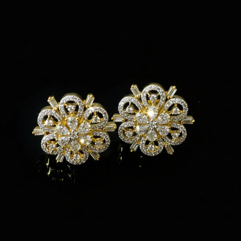 Gold floral earrings with diamonds on a black background, branded 'Saheli'.