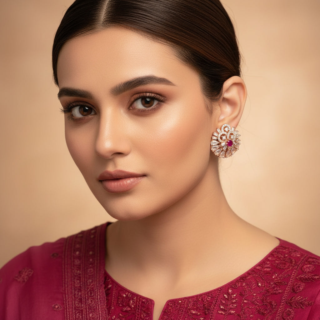 Pair of ornate earrings with a pink gemstone on a gray background, branded 'SAHELL'.