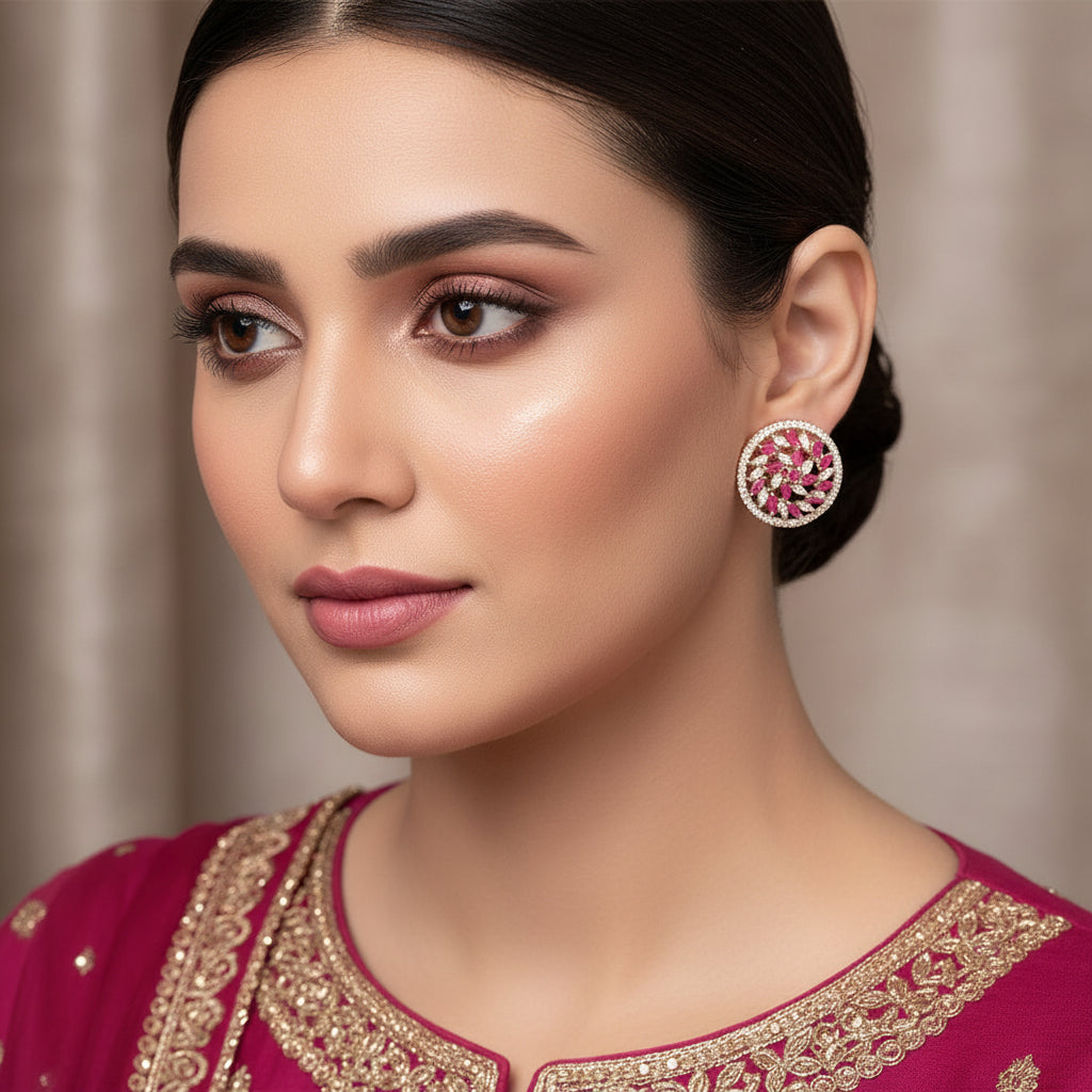 Pair of round earrings with pink and white gemstones on a gray background, featuring the brand 'Saheli'.