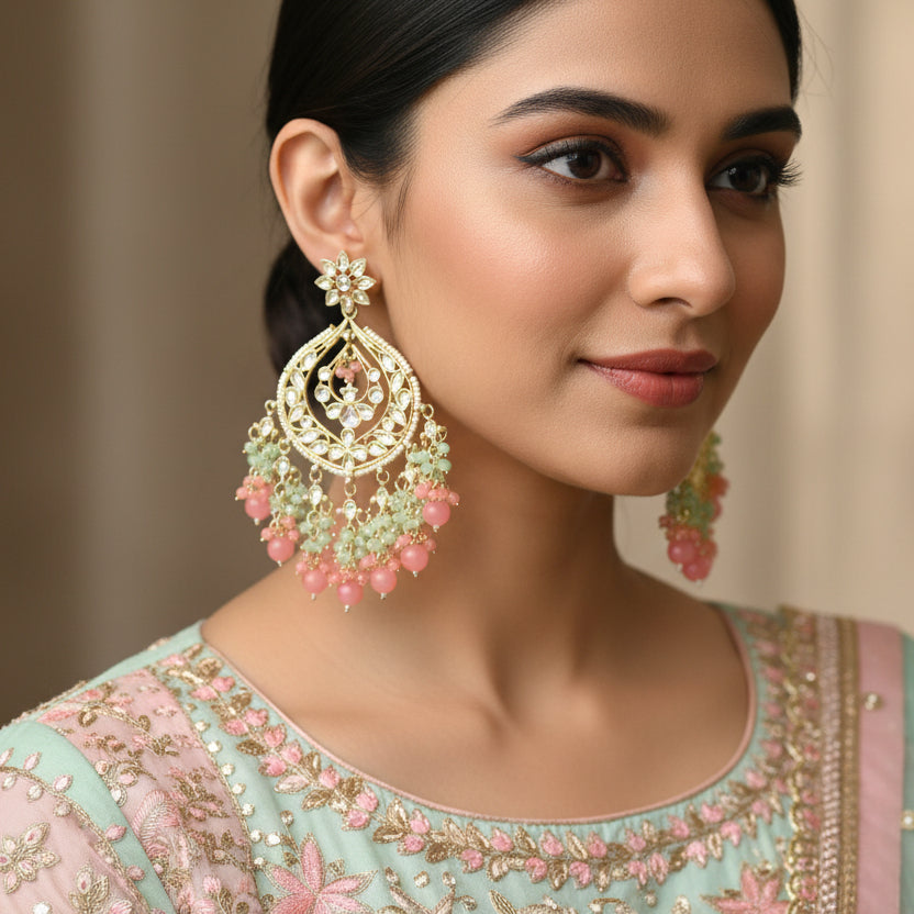 Pair of ornate earrings with pink and green beads on a dark background