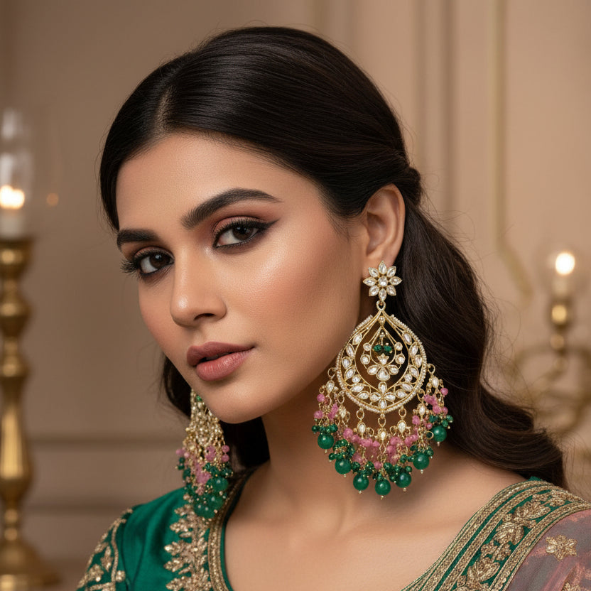 Pair of ornate earrings with green and pink beads on a dark background