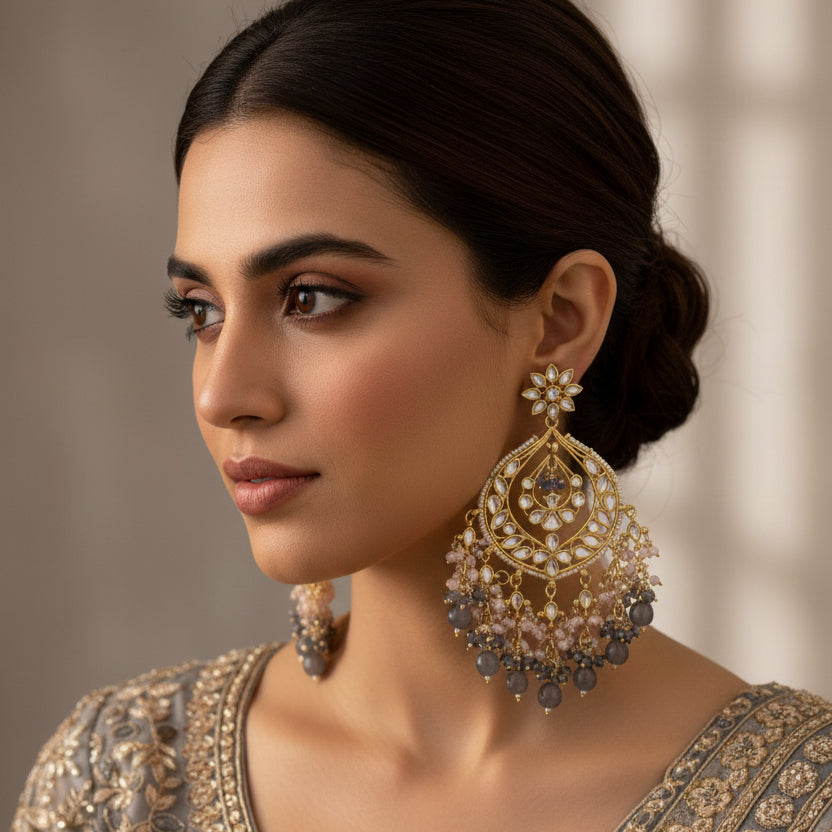 Pair of ornate earrings with gemstones on a black background