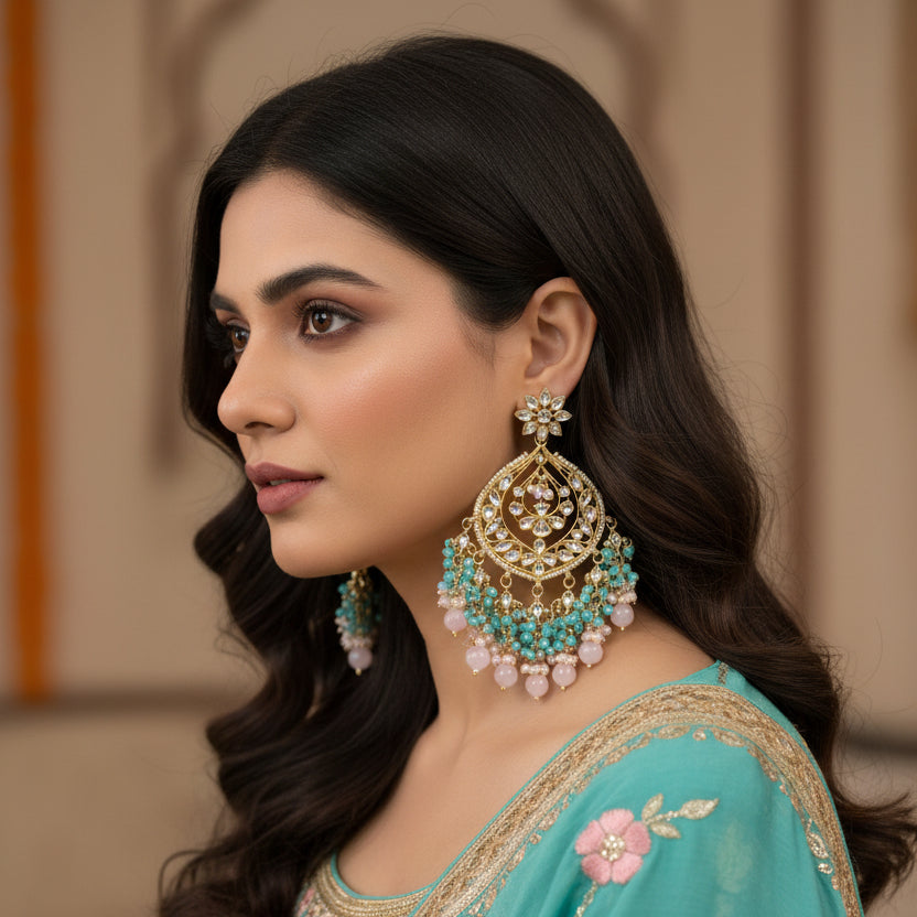 Pair of ornate earrings with gold, turquoise, and white stones on a dark background