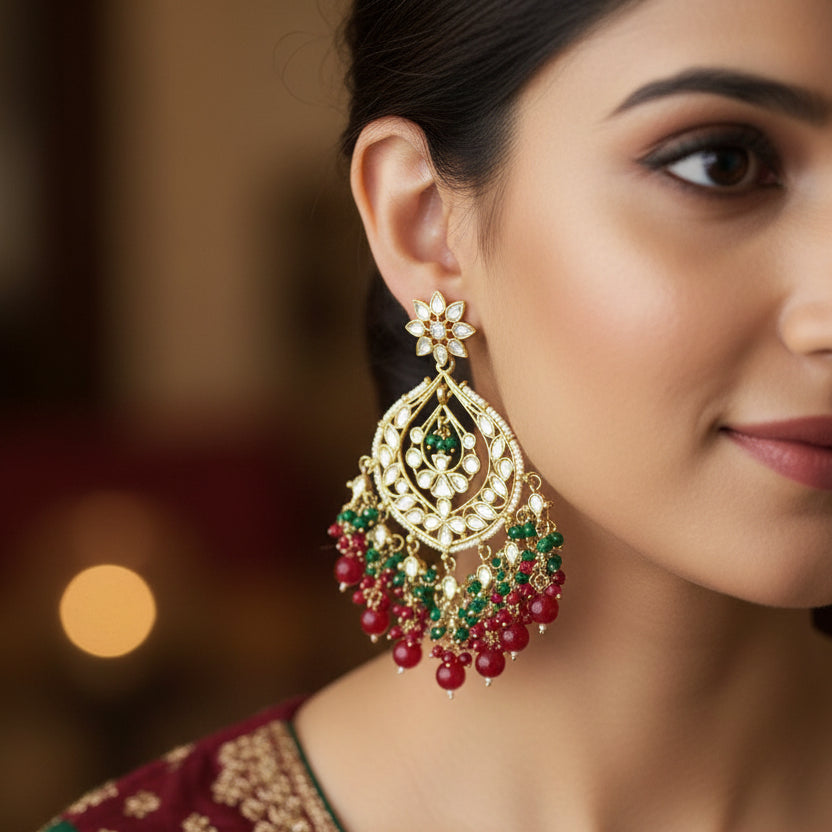 Pair of ornate earrings with red and green beads on a dark background
