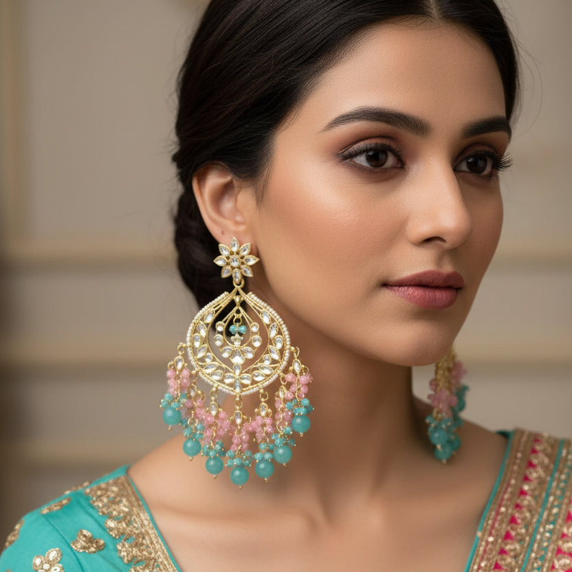 Pair of ornate earrings with pink and blue beads on a dark background