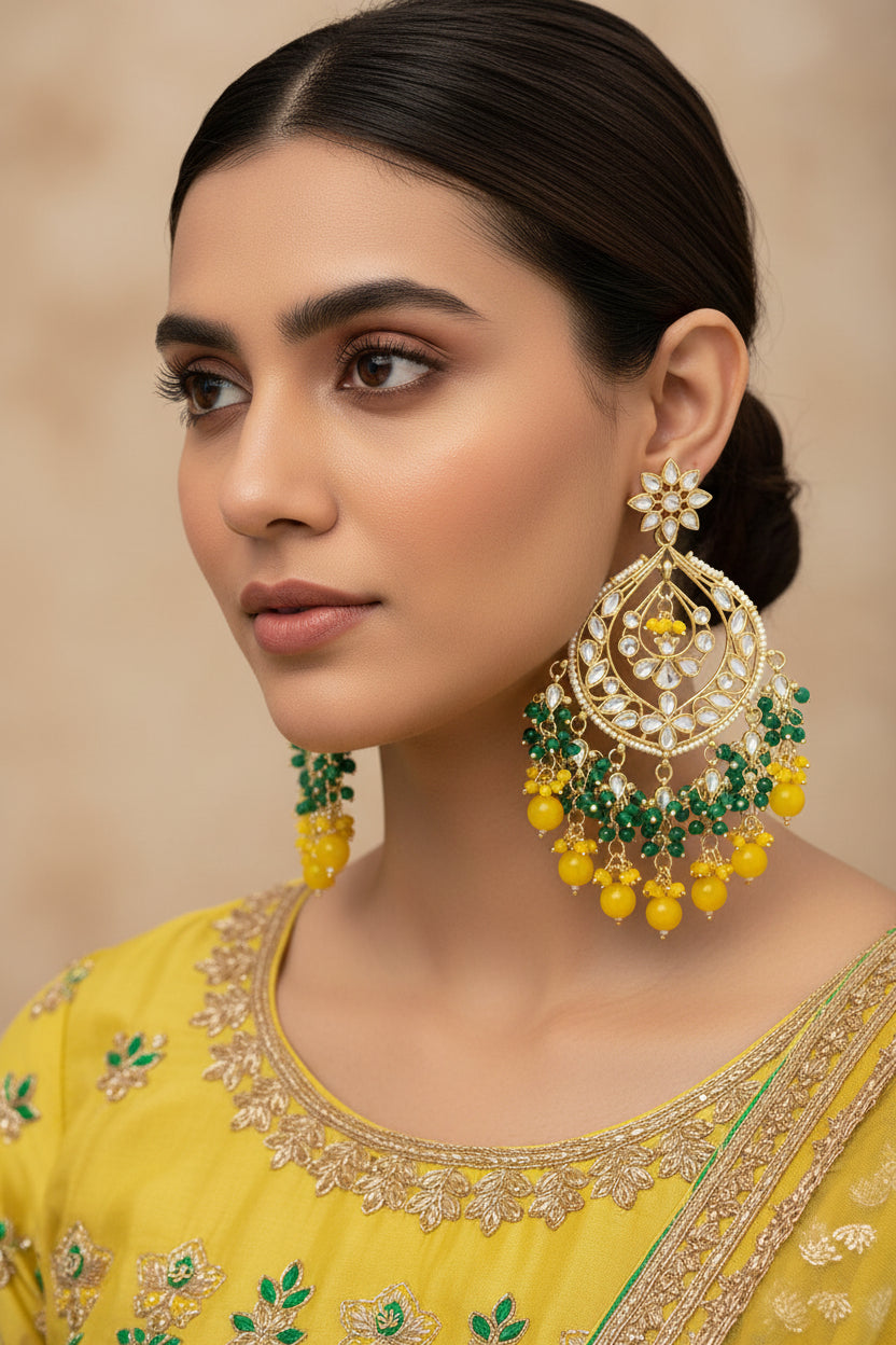 Pair of ornate earrings with green and yellow beads on a dark background