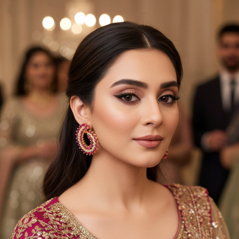 Ornate earrings with pink and gold details on a gray background, featuring the brand 'Saheli'.
