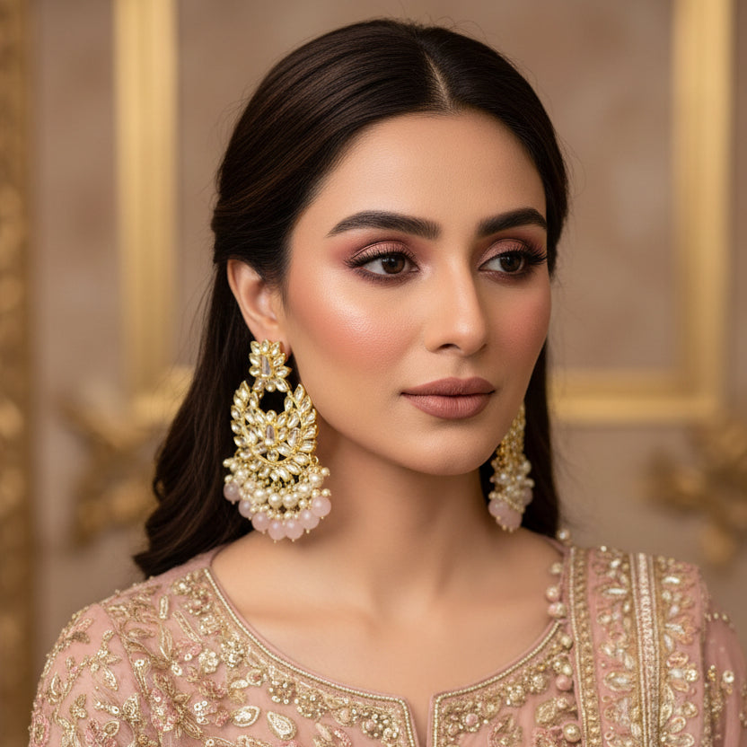 Pair of ornate earrings with pearls and gemstones on a dark background