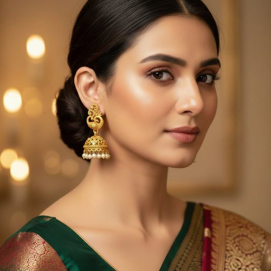 Gold earrings with pearl details on a gray stand, branded 'Saheli'.