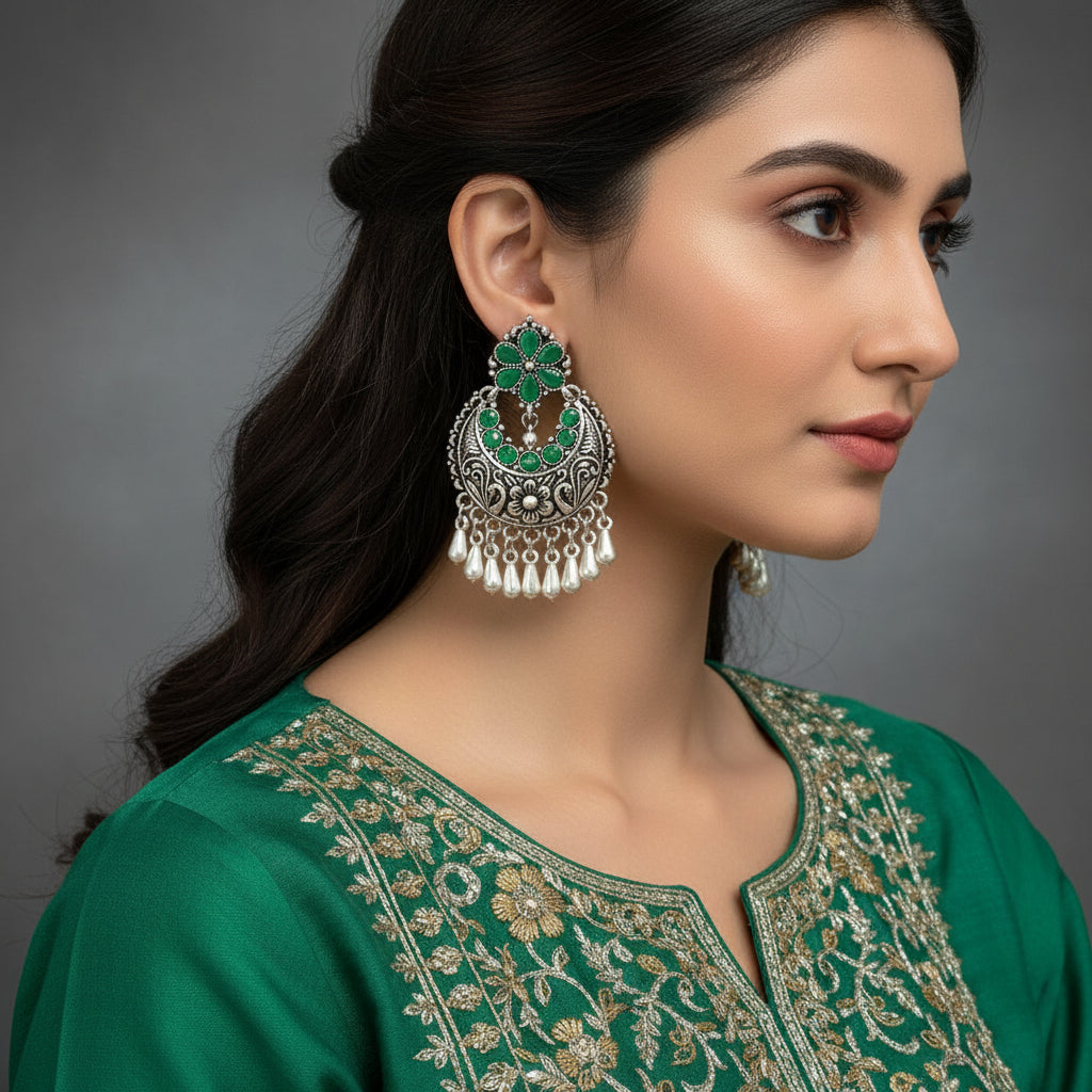 Ornate silver and green earrings on a gray background with 'Saheli' branding.