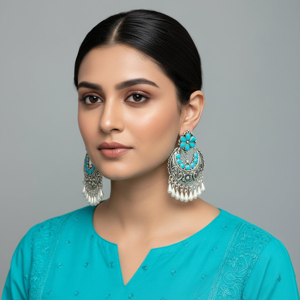 Pair of silver earrings with turquoise stones on a gray background, branded 'Saheli'.