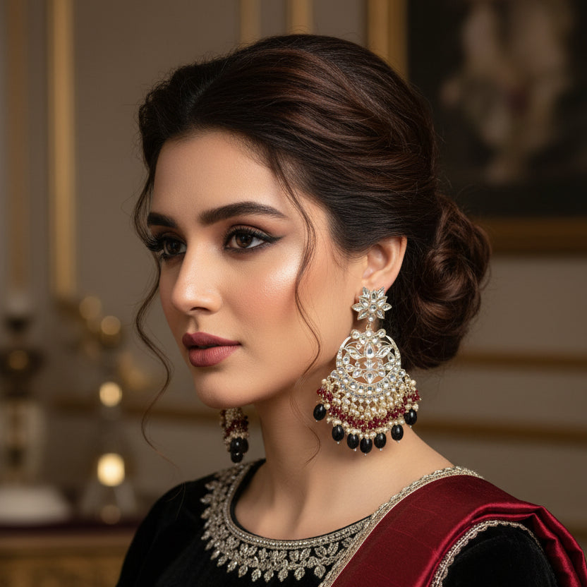 Pair of ornate earrings with black, red, and white stones on a dark background