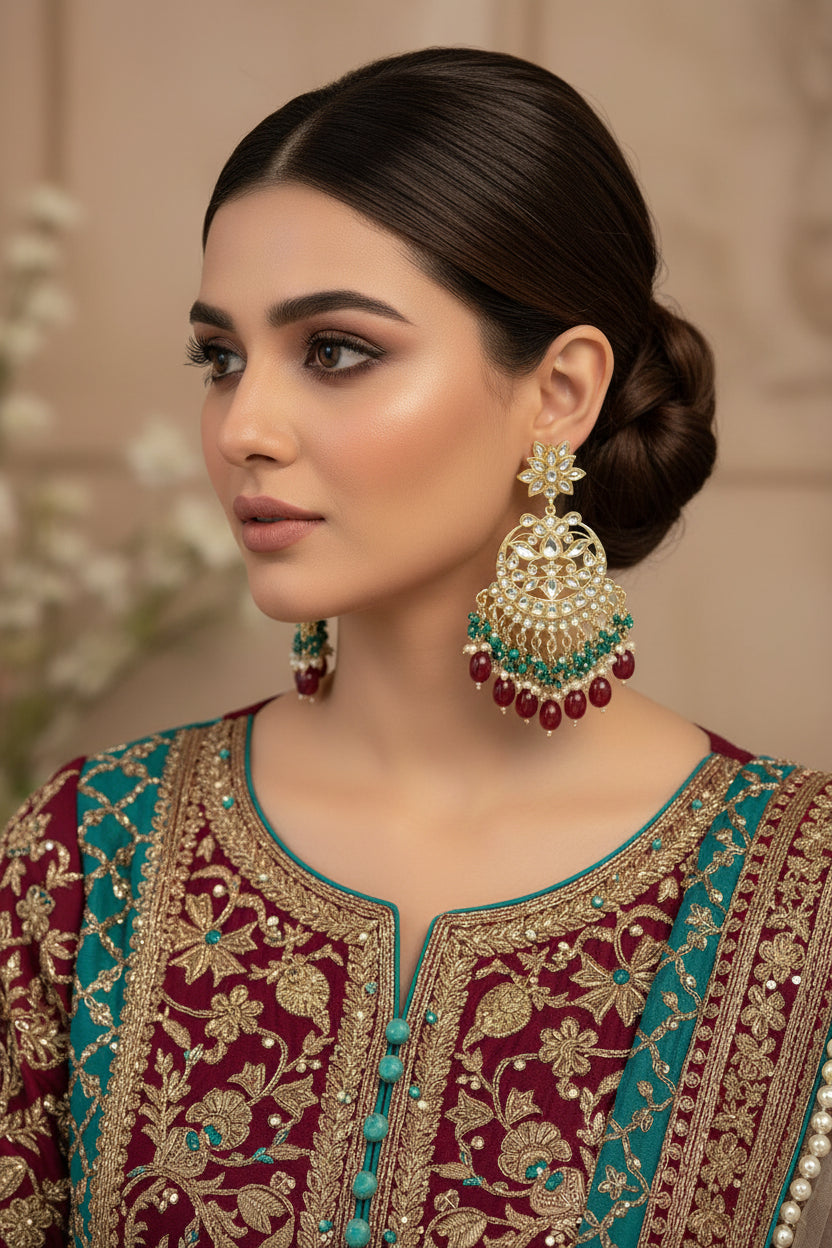 Ornate earrings with maroon and green stones on a dark background, branded 'Saheli'.