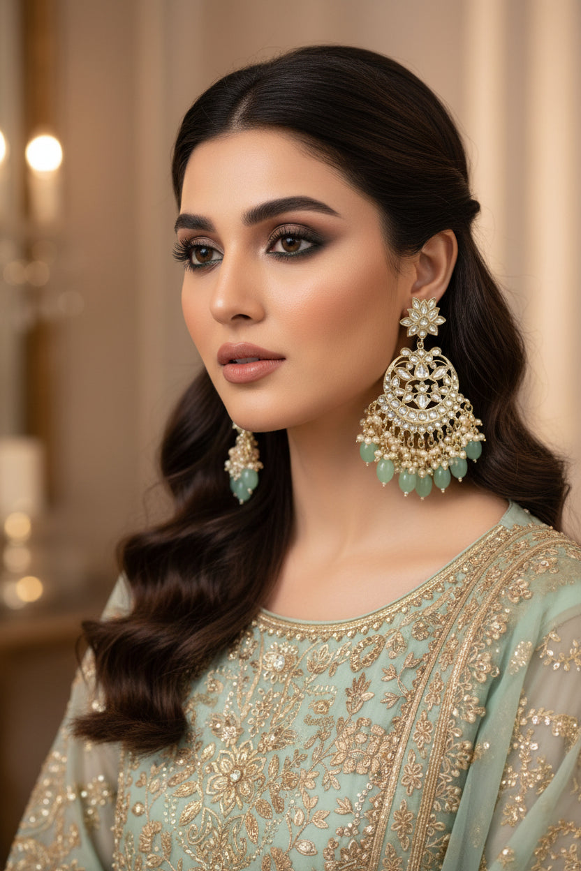 Ornate earrings with green stones on a dark background