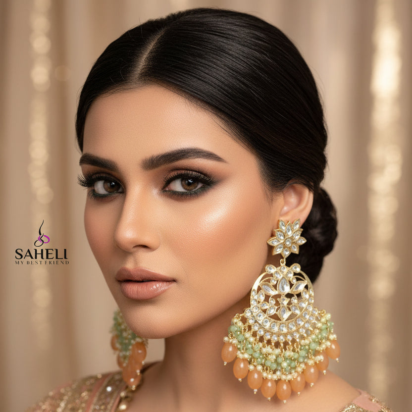 Pair of ornate earrings with gold and gemstone details on a dark background, branded 'SAHELI'.
