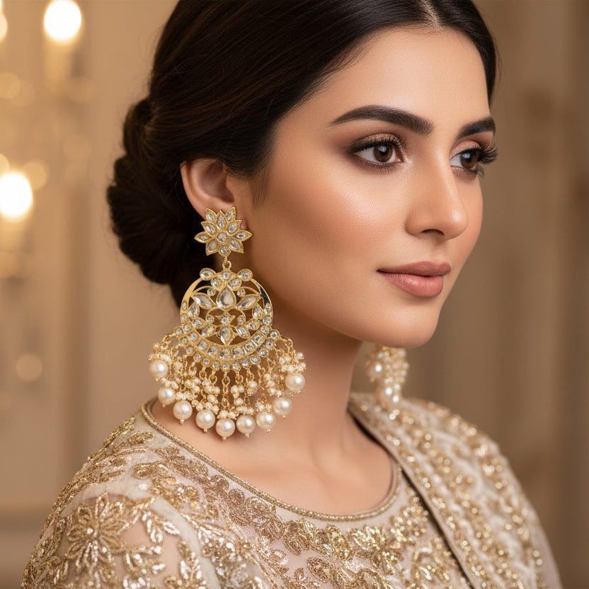 Ornate gold and pearl earrings on a dark background