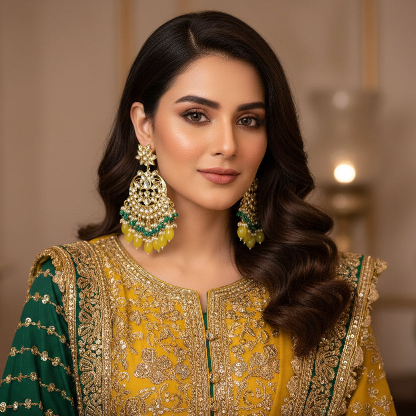 Pair of ornate earrings with green and yellow stones on a dark background