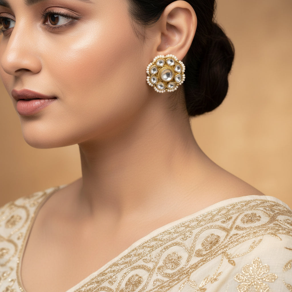 Pair of decorative earrings with gold and pearl details on a dark background, featuring the brand 'Saheli'.